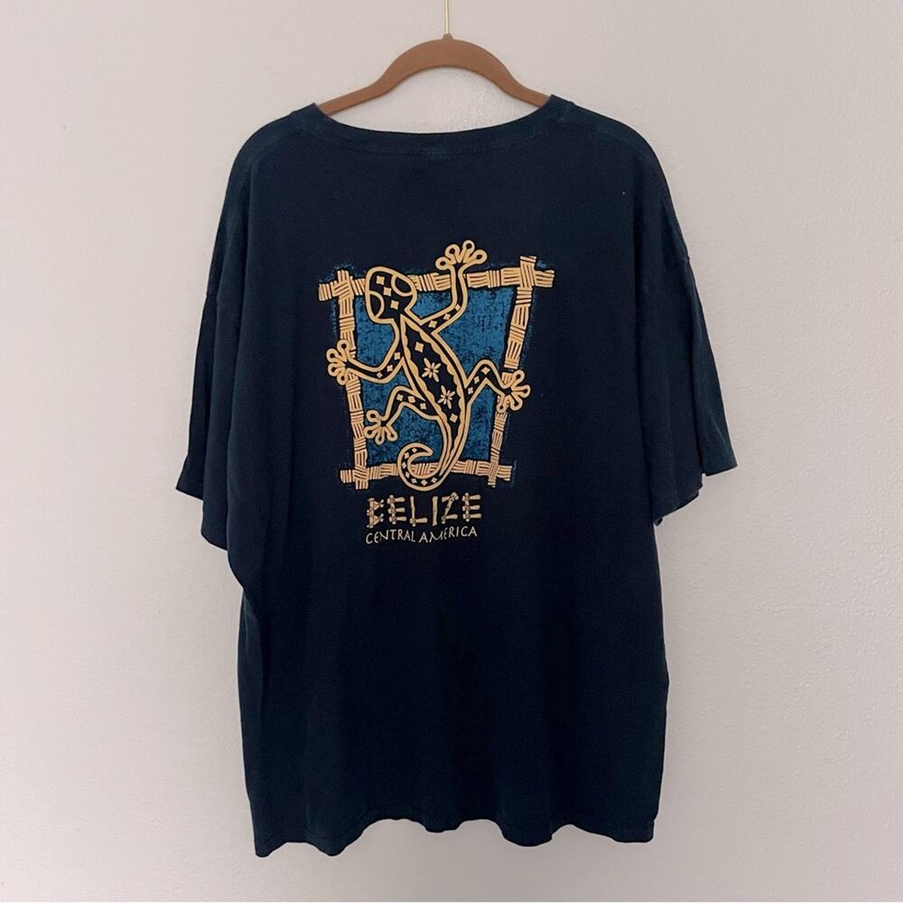 Vintage Belize Central America Lizard Print Navy Tee Shirt